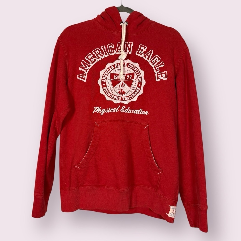 Vintage American Eagle Red and White Pullover Hoodie Sweatshirt XS Oversized